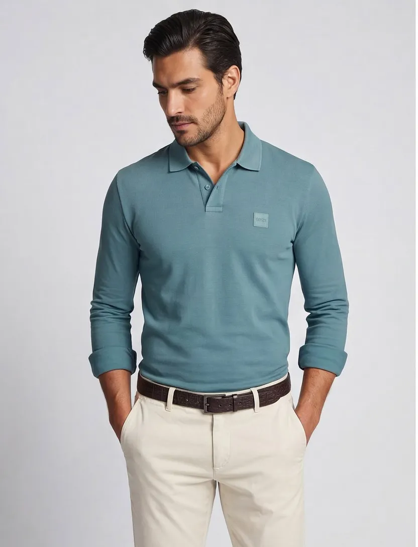 Boss Orange polo lange mouw slim fit groen