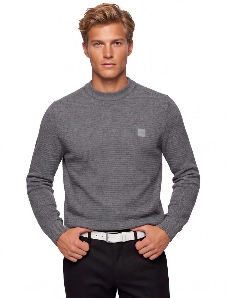 Boss Anion Orange grijs trui ronde hals effen