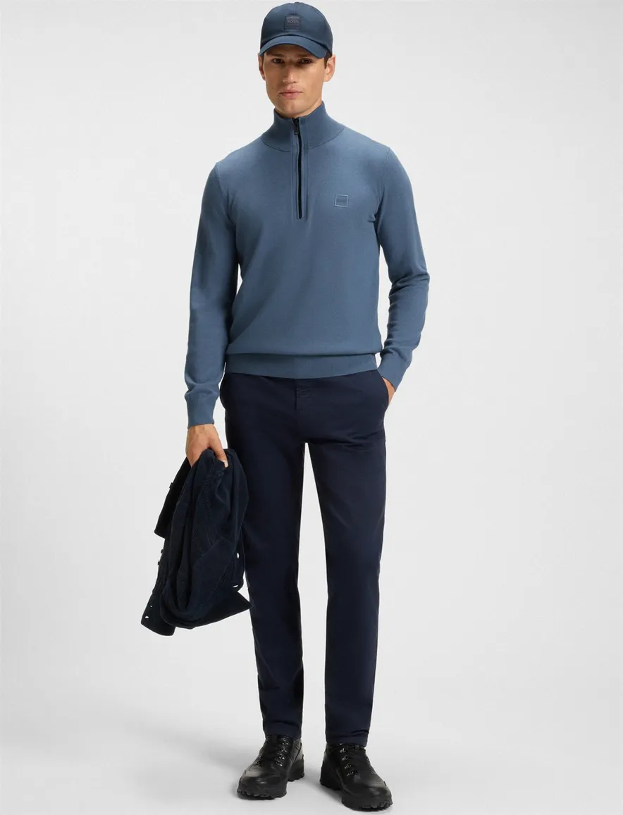 Boss Orange trui half-zip blauw regular fit effen