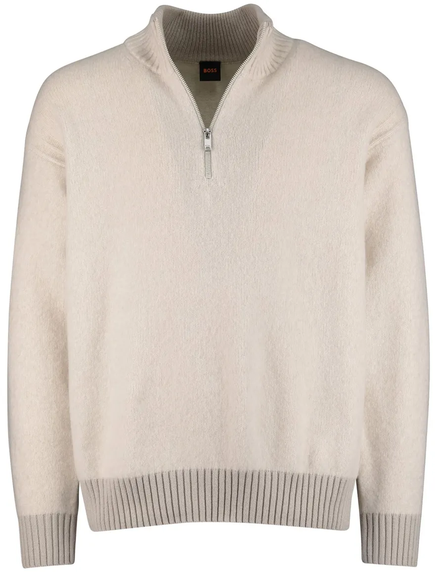 Boss Orange Half Zip trui creme zacht wolblend
