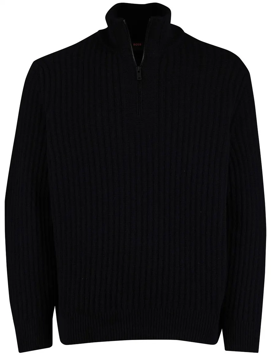 Boss Orange Trui Half Zip Zwart wol effen