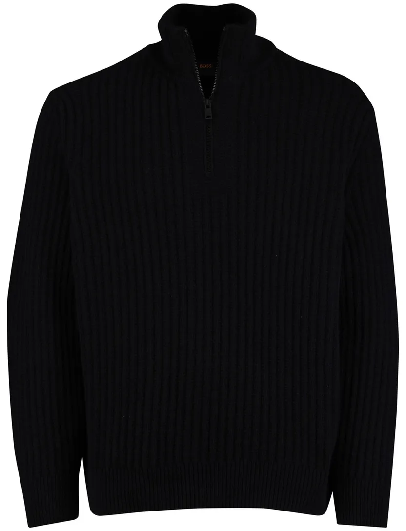 Boss Orange Trui Half Zip Zwart wol grof gebreid