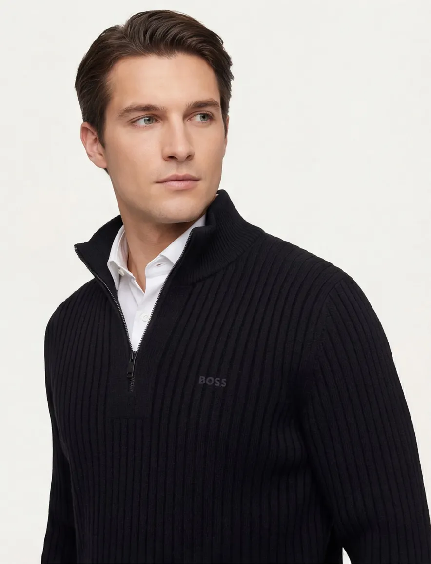 Boss Orange Trui Half Zip Zwart wol