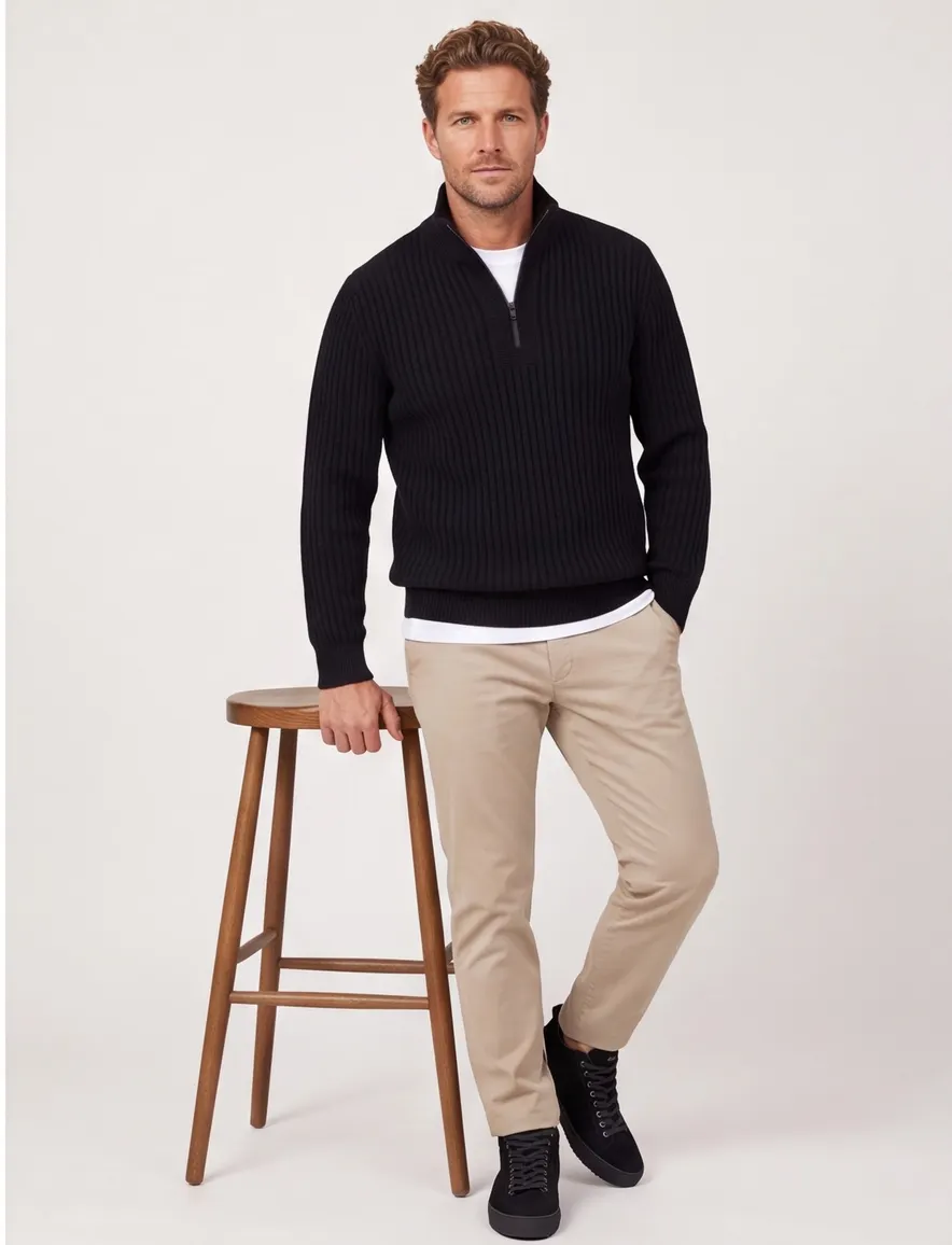 Boss Orange Trui Half Zip Zwart wol effen