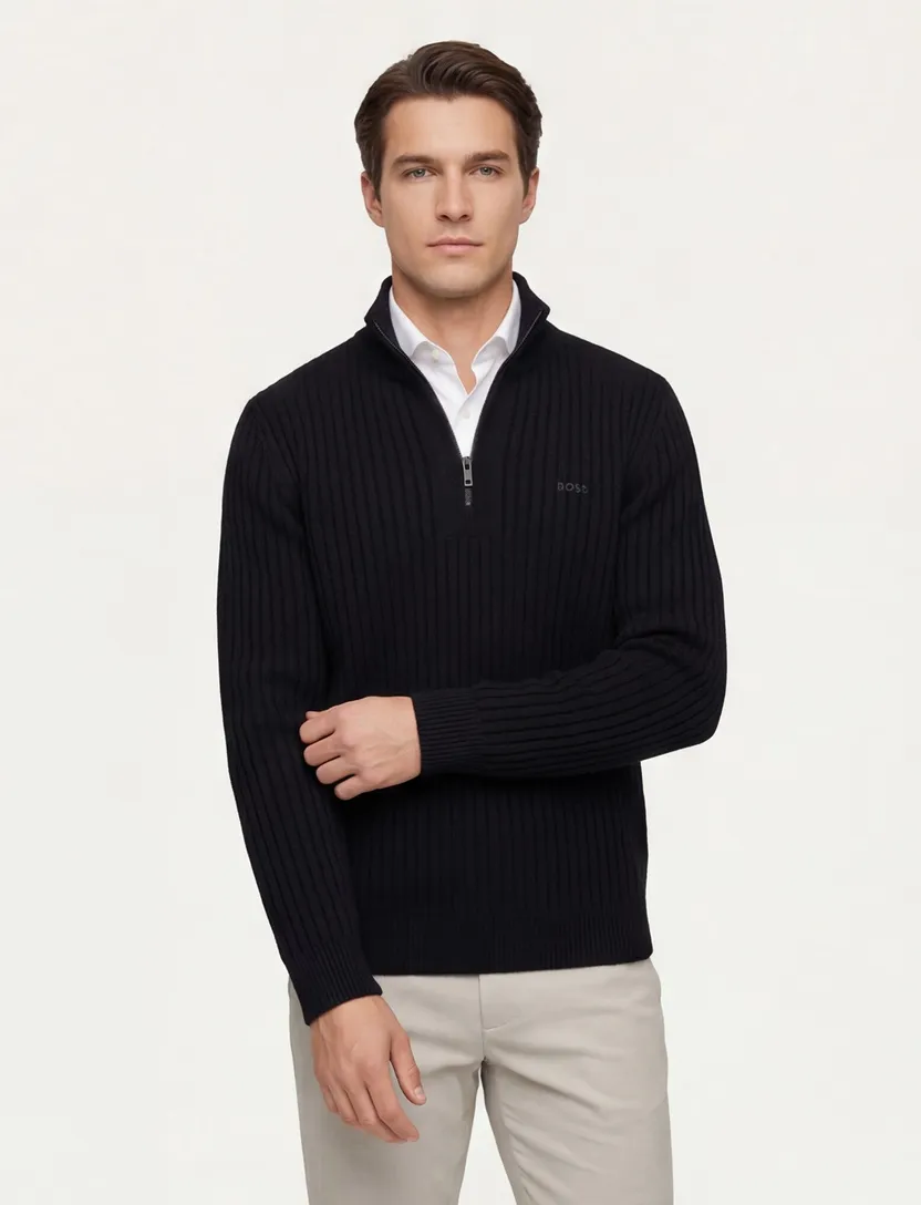 Boss Orange Trui Half Zip Zwart wol grof gebreid
