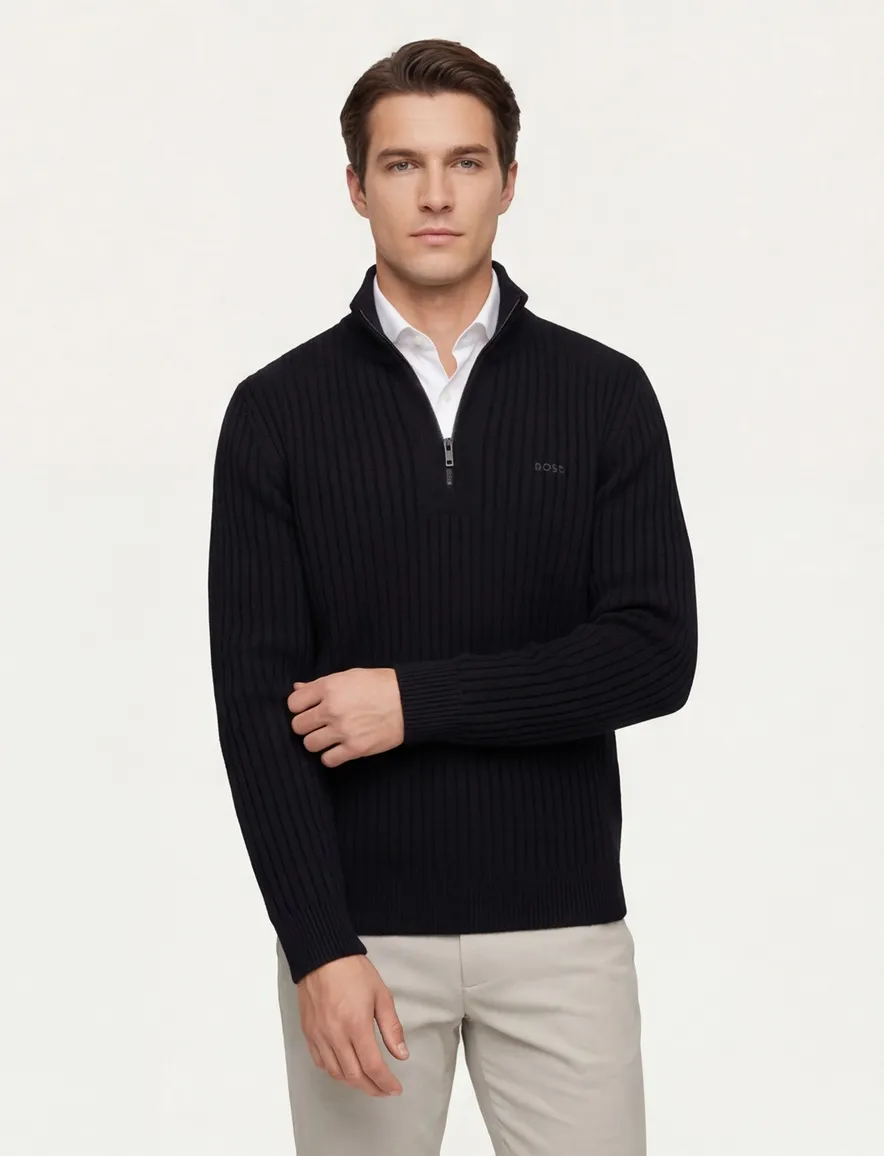 Boss Orange Trui Half Zip Zwart wol