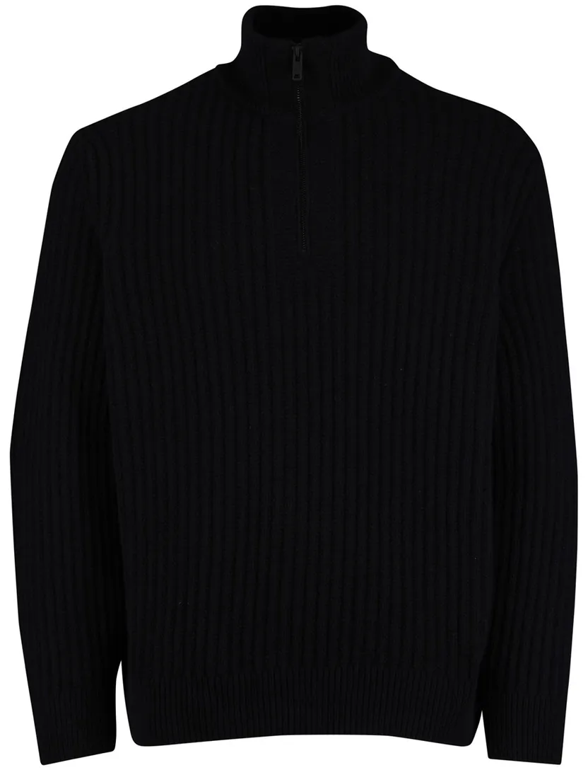 Boss Orange Trui Half Zip Zwart wol grof gebreid