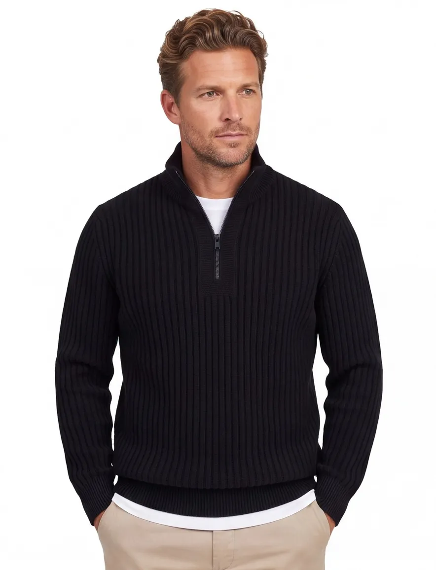 Boss Orange Trui Half Zip Zwart wol effen