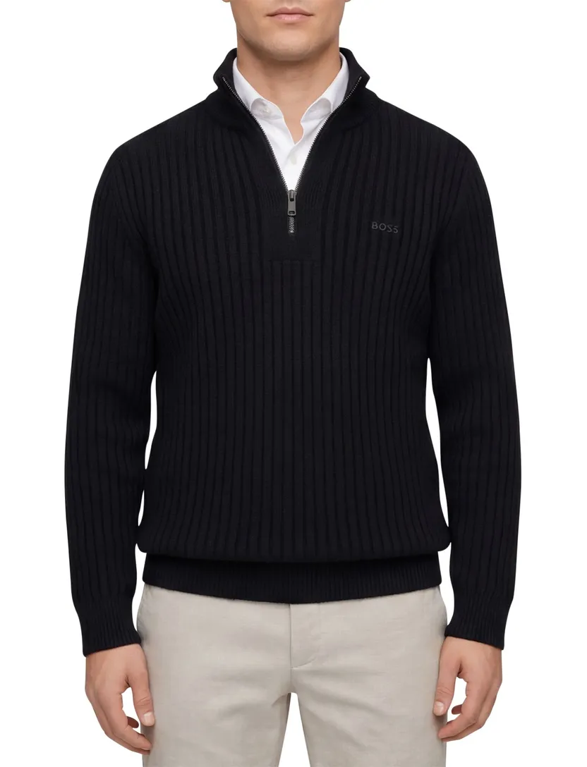 Boss Orange Trui Half Zip Zwart wol grof gebreid