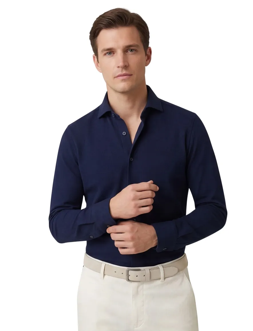 Boss slim fit overhemd navy effen knitted