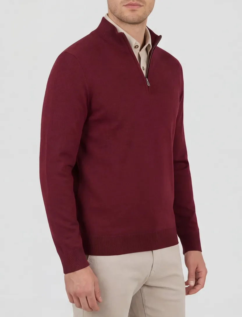 Boss Black Ebenji trui bordeaux half zip effen lamswol