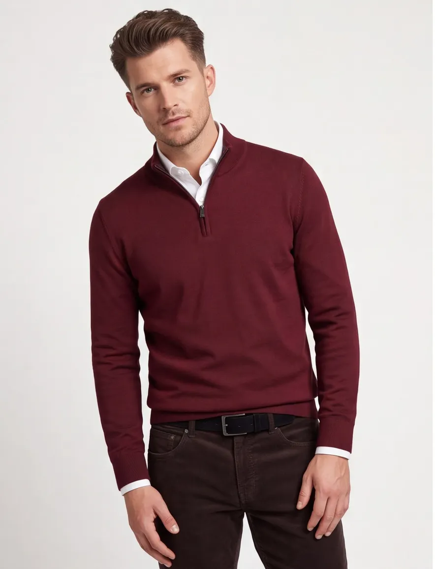 Boss Black Ebenji trui half zip bordeaux effen lamswol