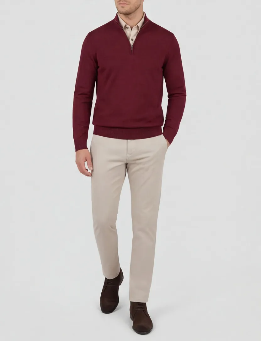 Boss Black Ebenji trui bordeaux half zip effen lamswol