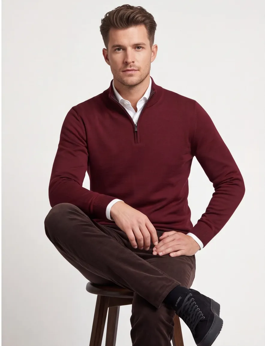 Boss Black Ebenji trui half zip bordeaux effen lamswol