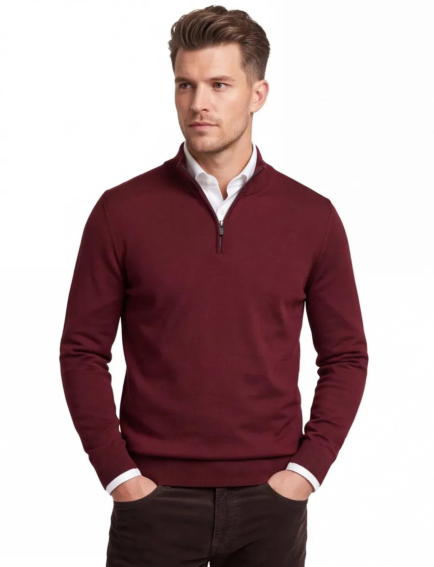 Boss Black Ebenji trui half zip bordeaux effen lamswol