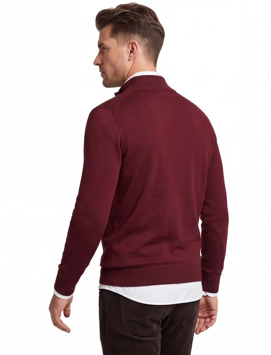 Boss Black Ebenji trui half zip bordeaux effen lamswol