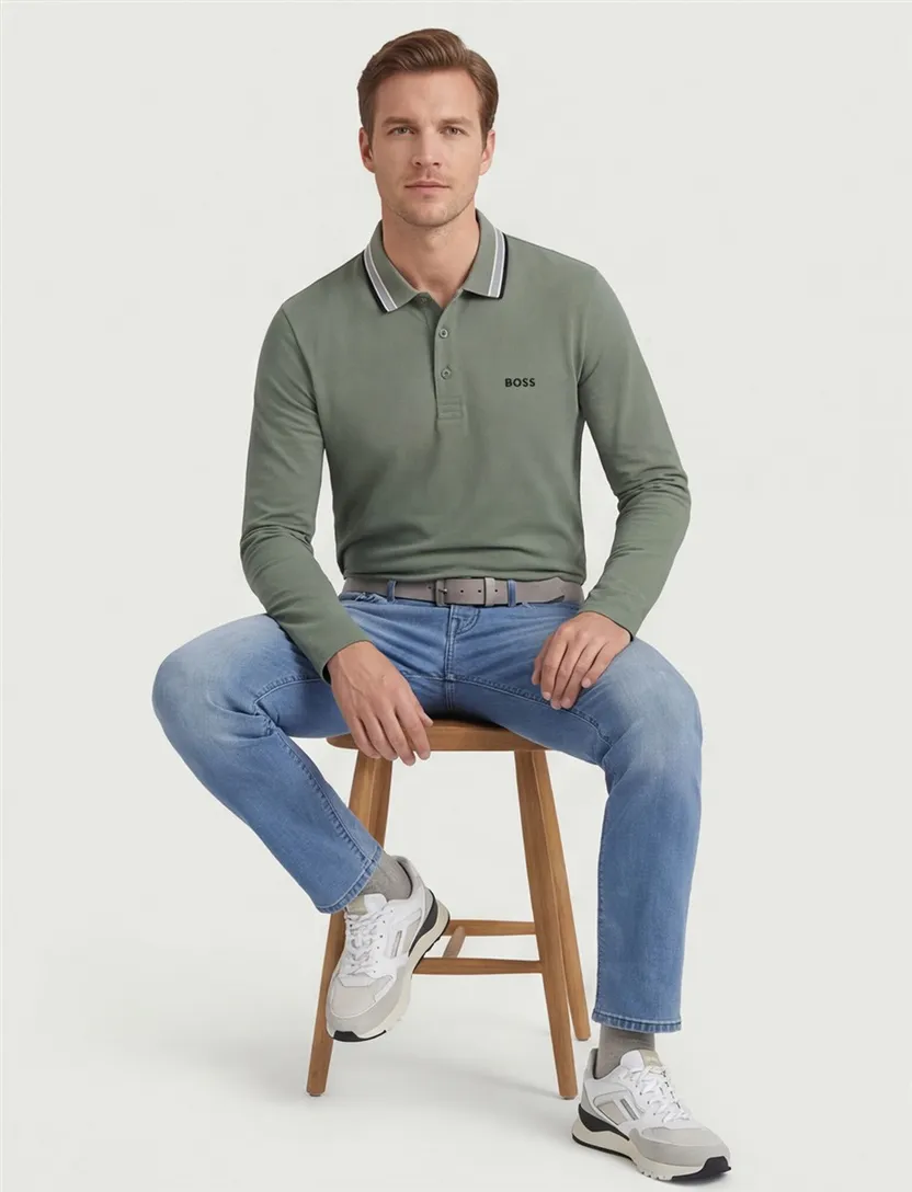BOSS Green Plisy polo lange mouw groen Big & Tall