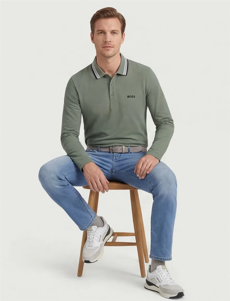 BOSS Green polo lange mouw Plisy groen