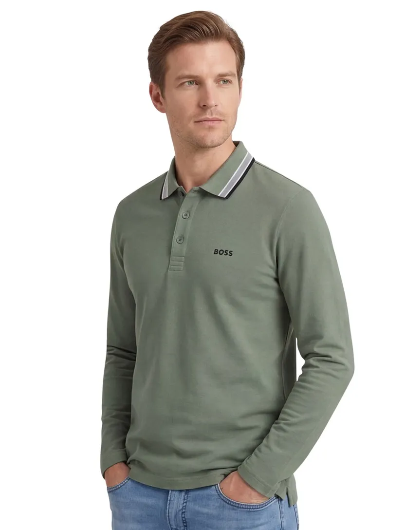 BOSS Green Plisy polo lange mouw groen Big & Tall