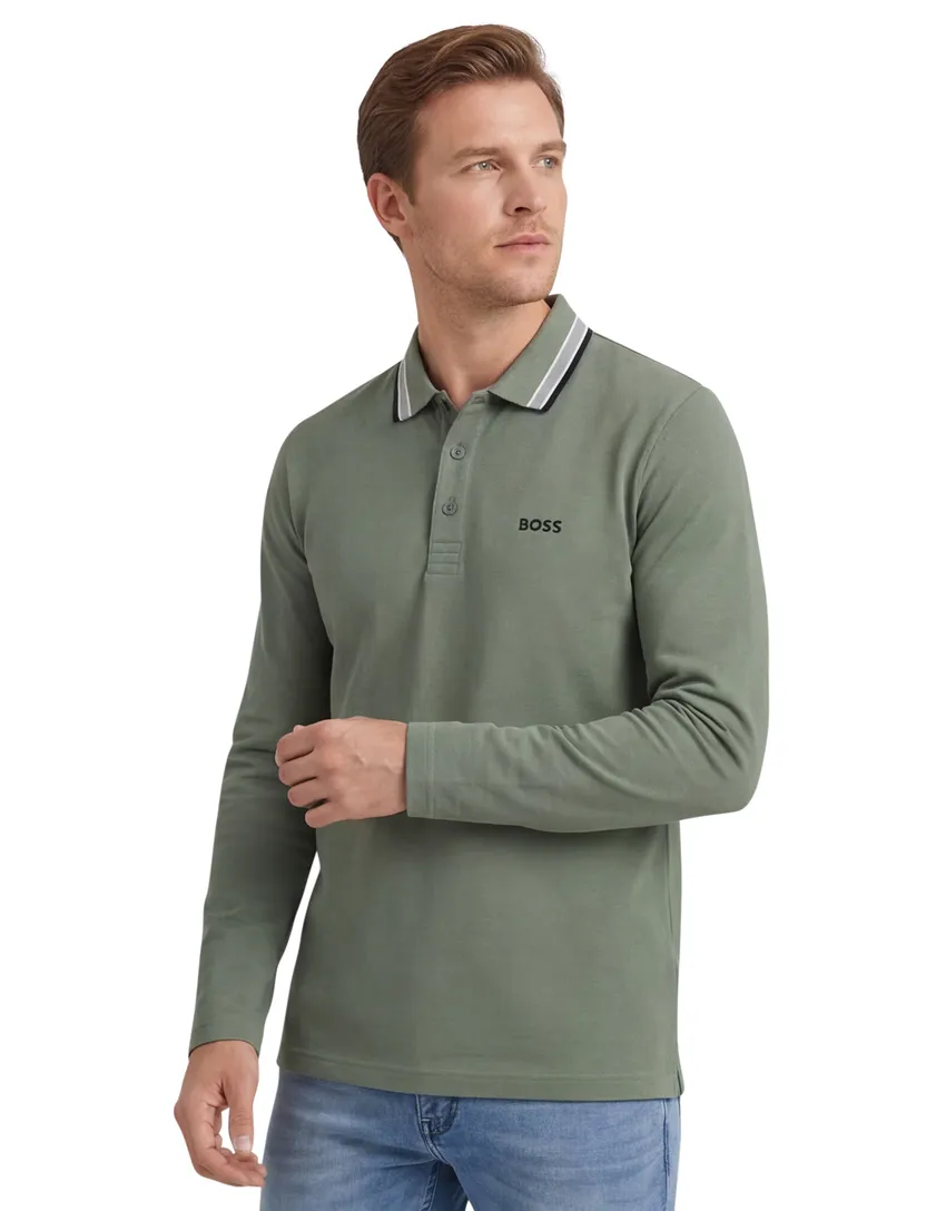 BOSS Green Plisy polo lange mouw groen Big & Tall