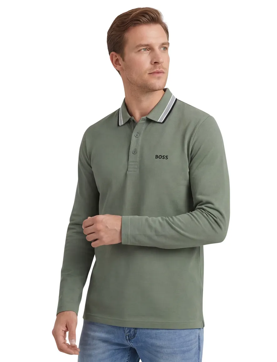 BOSS Green polo lange mouw Plisy groen