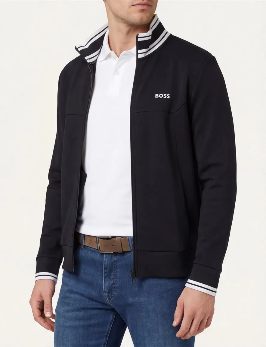 Boss Green Vest donkerblauw witte opstaande kraag effen