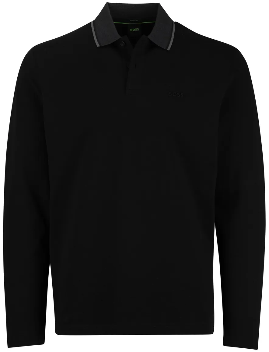 Boss Green Plisy polo lange mouw zwart katoen effen