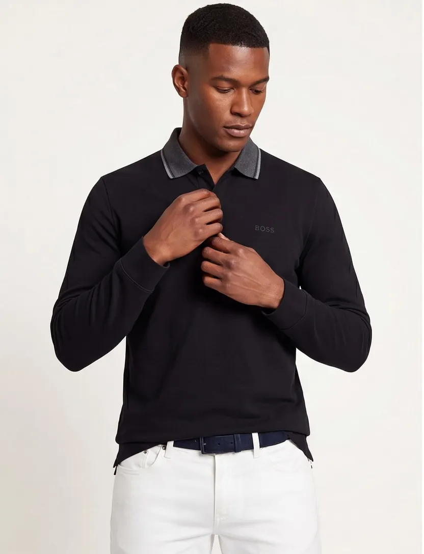 Boss Green Plisy polo lange mouw katoen effen zwart