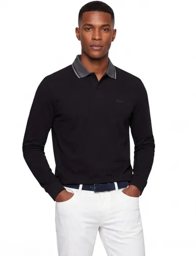 Hugo Boss Boss Green Plisy lange mouwe polo zwart effen katoen