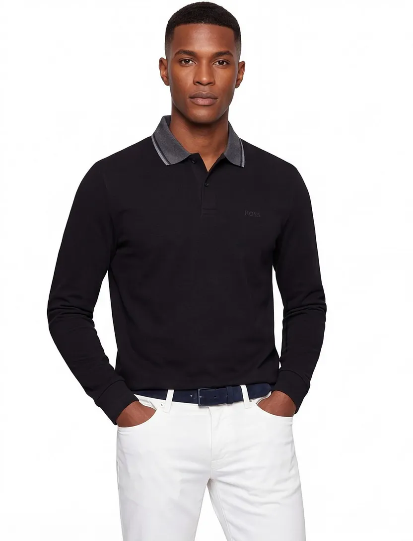 Boss Green Plisy polo lange mouw katoen effen zwart