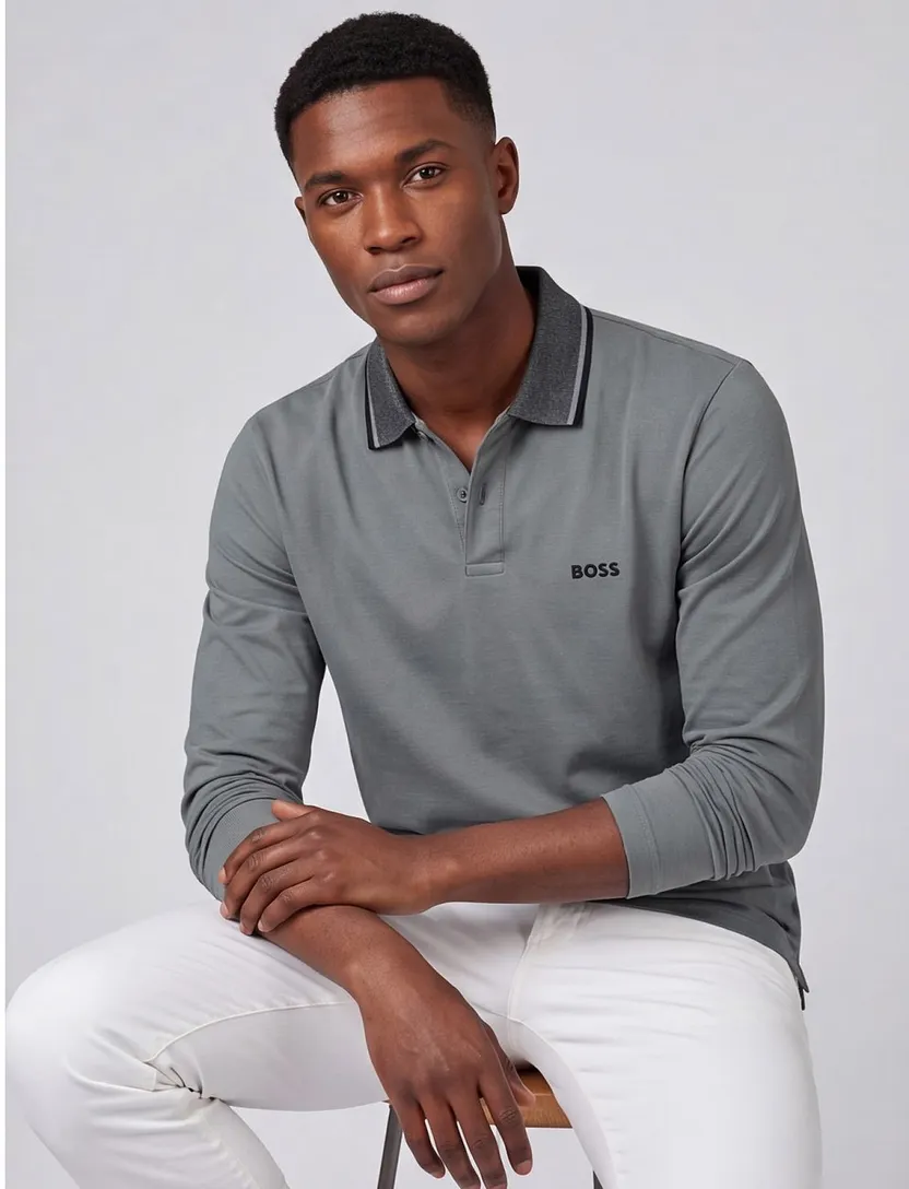 Boss Green Plisly poloshirt lange mouw normale fit groen