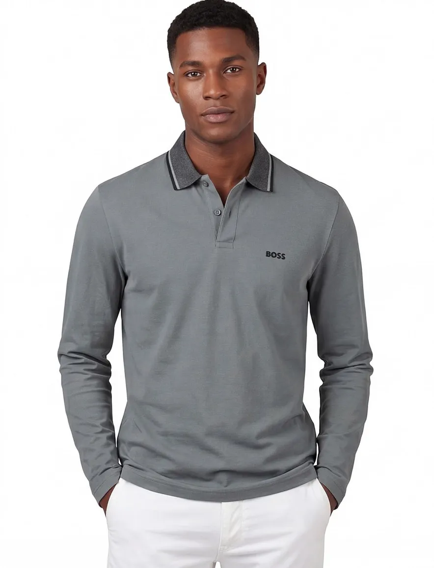 Boss Green Plisly poloshirt groen lange mouw normale fit