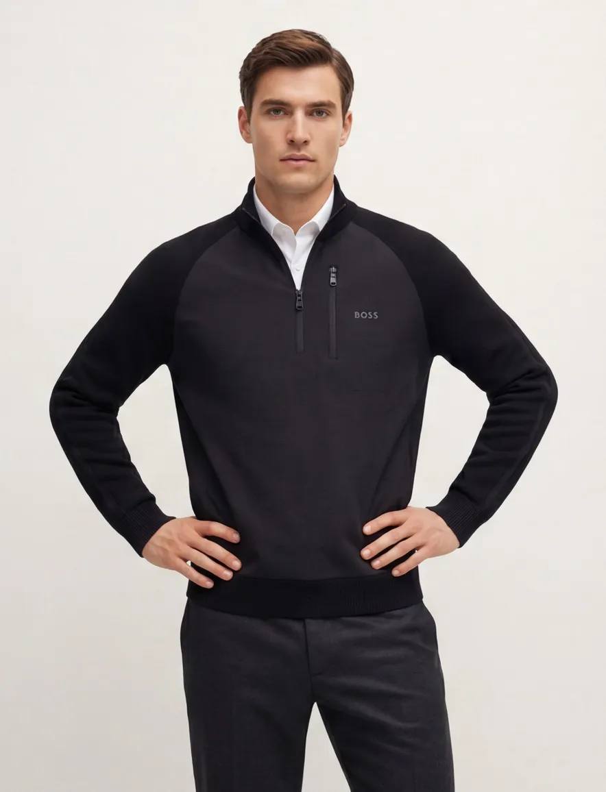 Boss Green Civic trui half zip effen zwart normale fit
