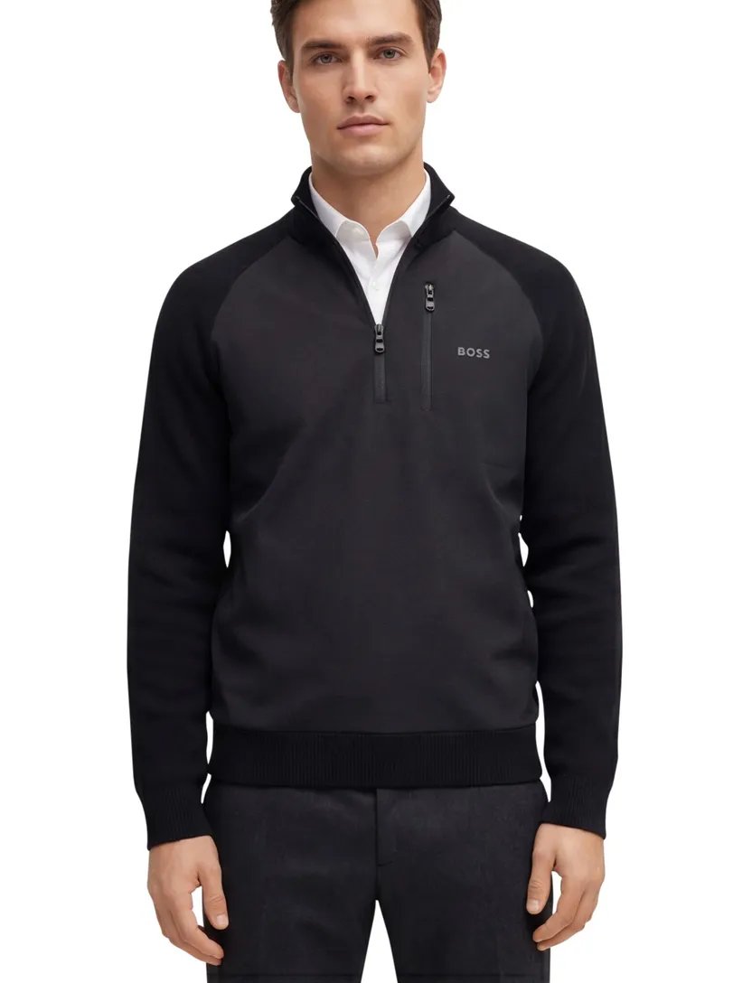 Boss Green Civic trui zwart effen half zip normale fit