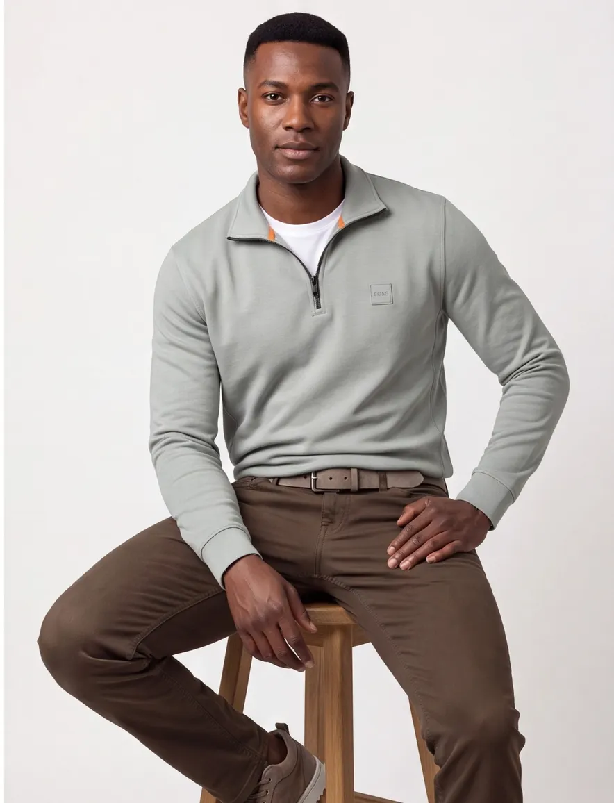 Boss Orange trui effen half zip groen