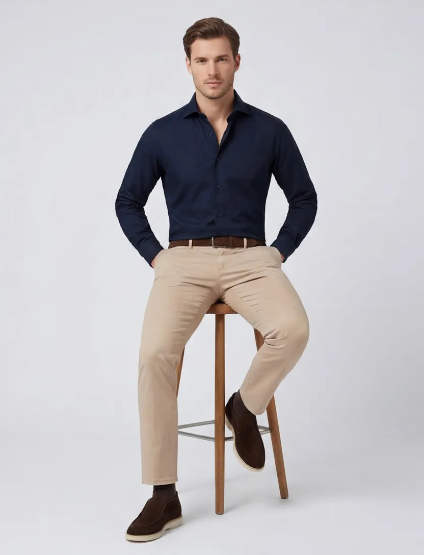 Profuomo navy two ply twill overhemd strijkvrij