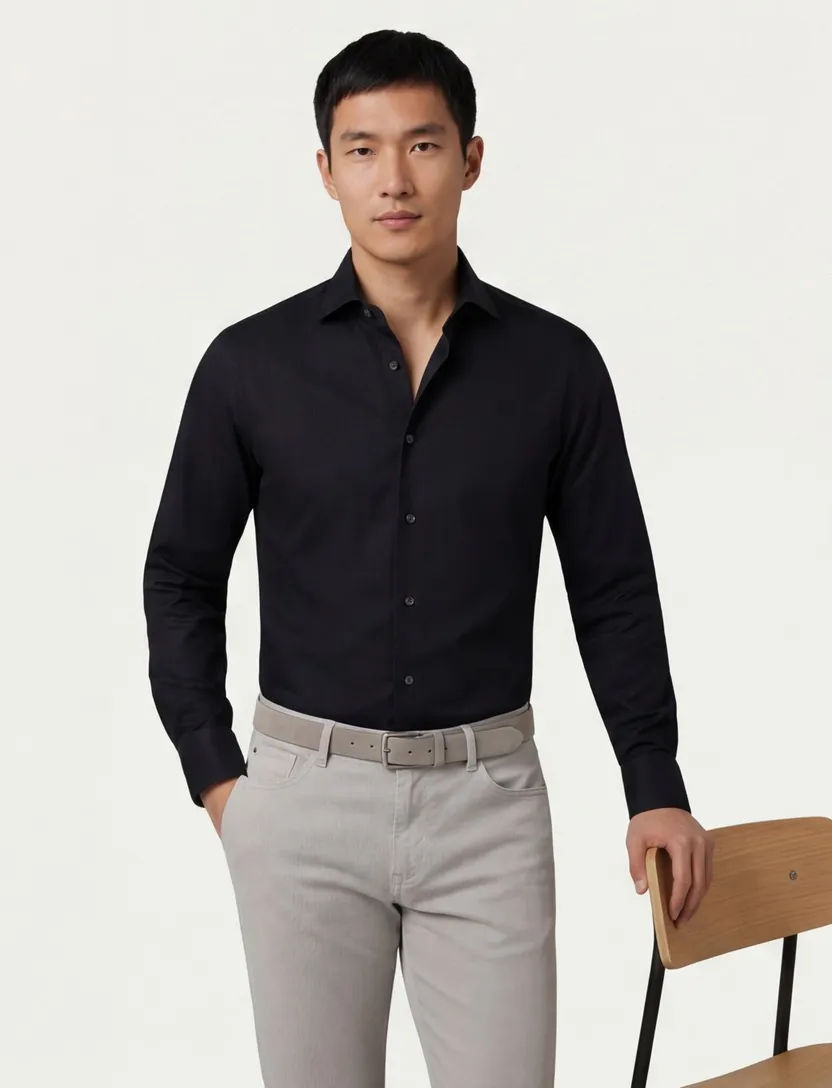 Profuomo zwart two ply twill overhemd strijkvrij