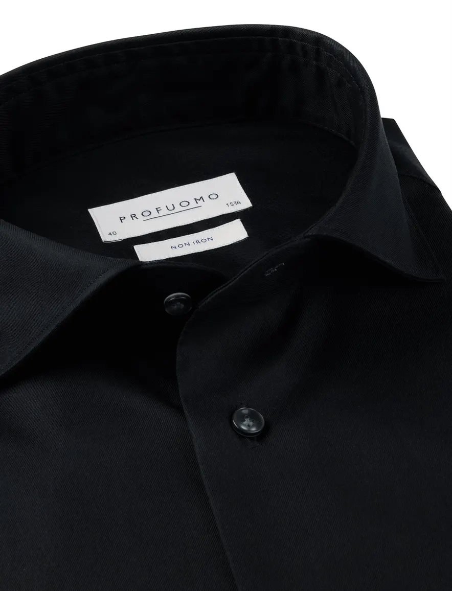 Profuomo zwart two ply twill overhemd wide collar