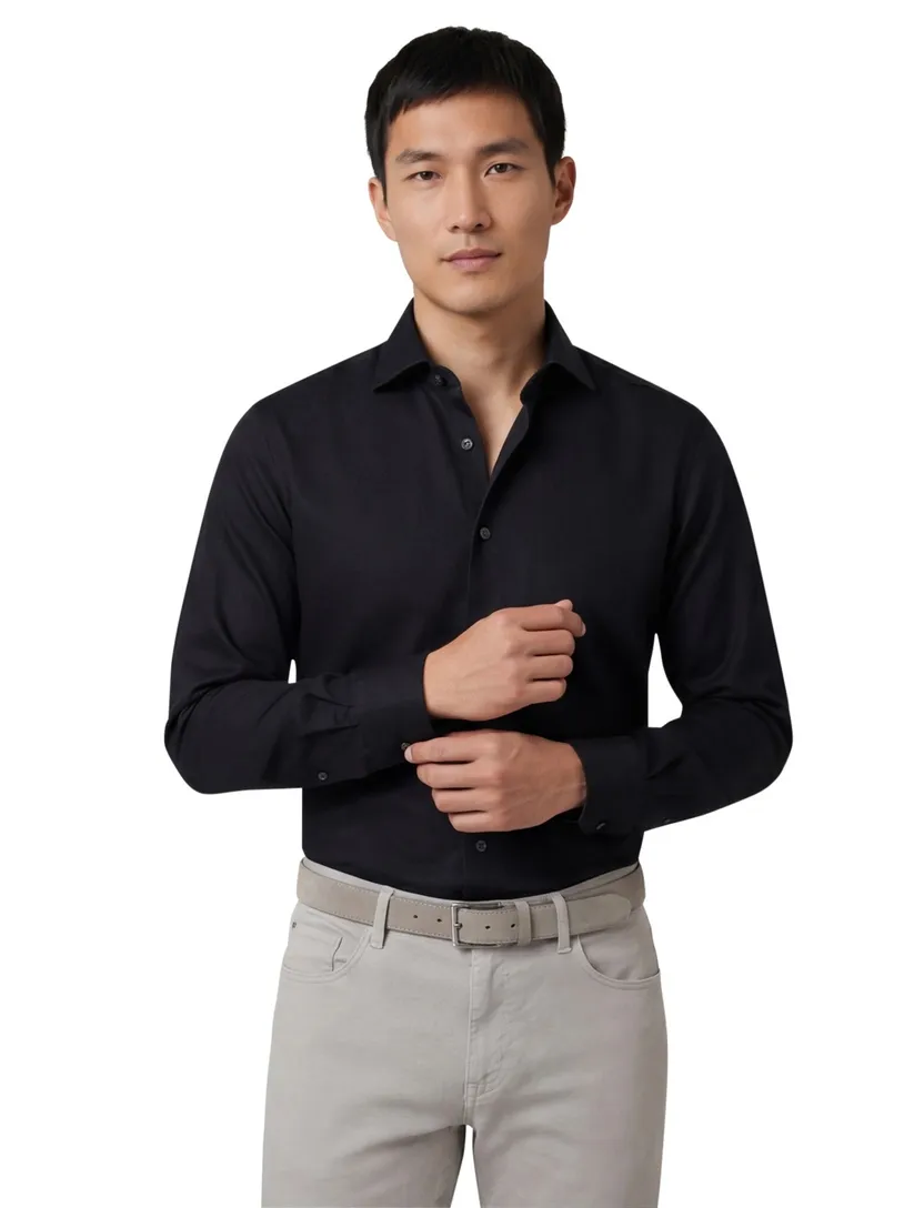 Profuomo zwart two ply twill overhemd strijkvrij