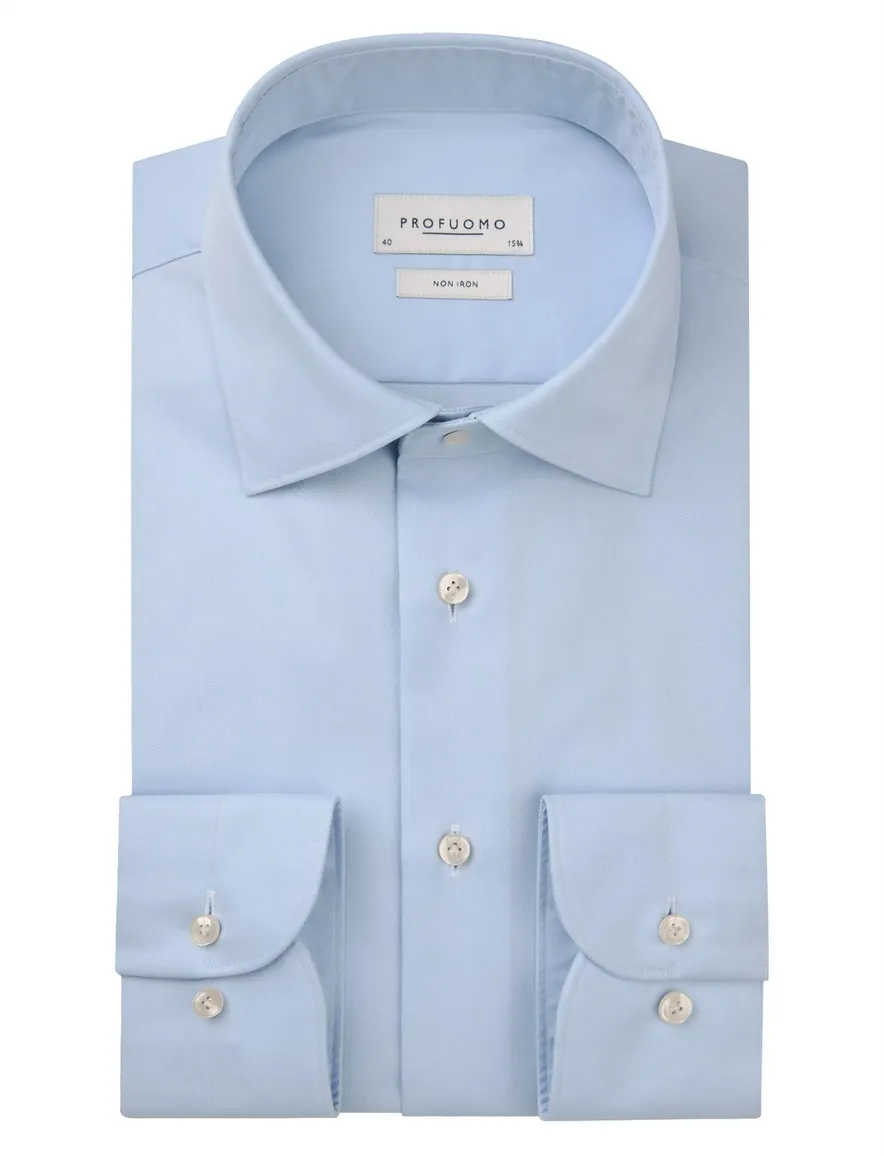 Profuomo Blauw two ply twill overhemd semi-wide collar