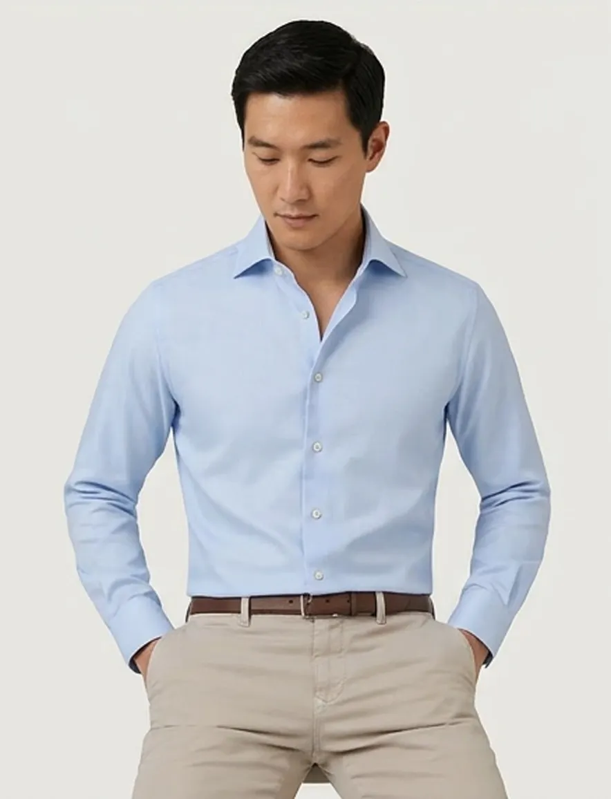 Profuomo Blauw two ply twill overhemd semi-wide collar