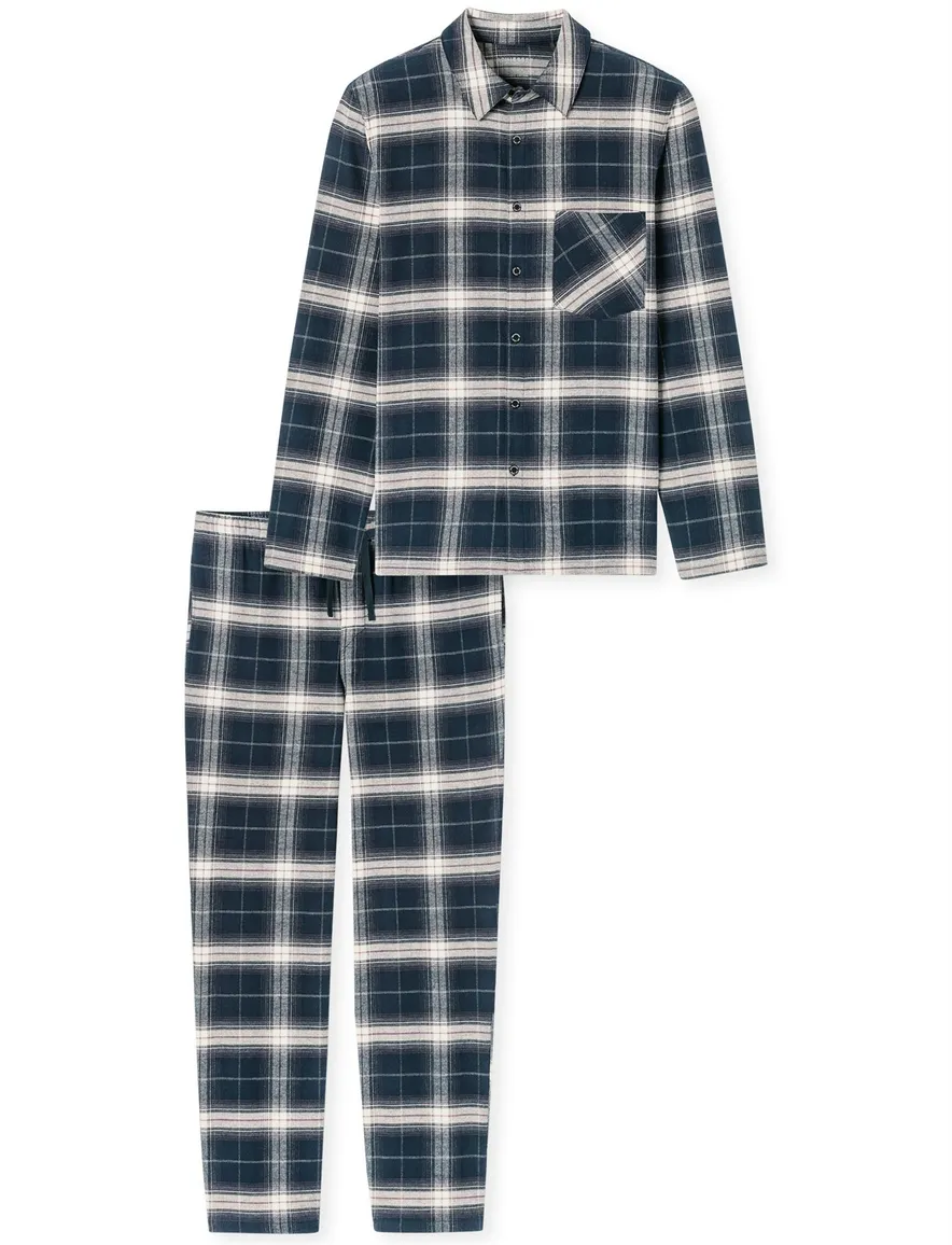 Schiesser pyjama set katoen geruit lange mouw donkerblauw