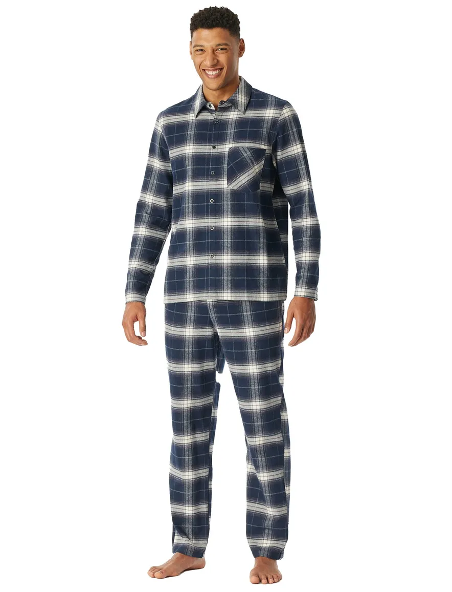 Schiesser pyjama set katoen geruit lange mouw donkerblauw