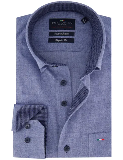 Portofino Portofino overhemd blauw gemeleerd wijde fit