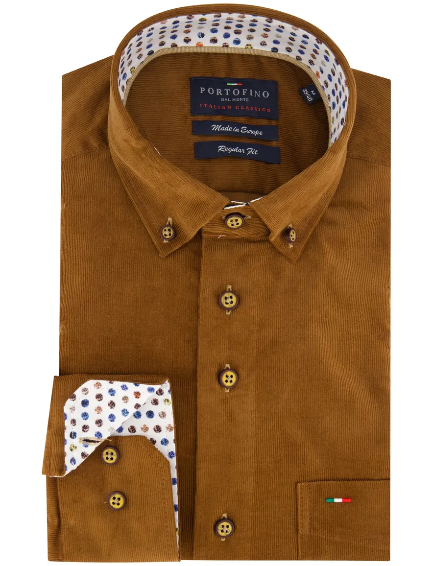 Portofino Regular Fit casual overhemd bruin corduroy