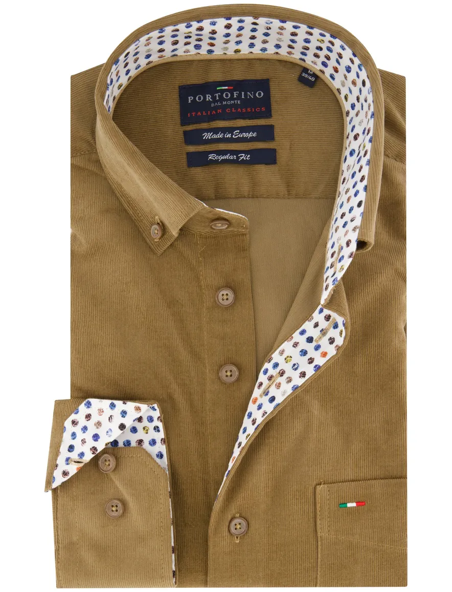 Portofino wijde fit casual overhemd bruin corduroy
