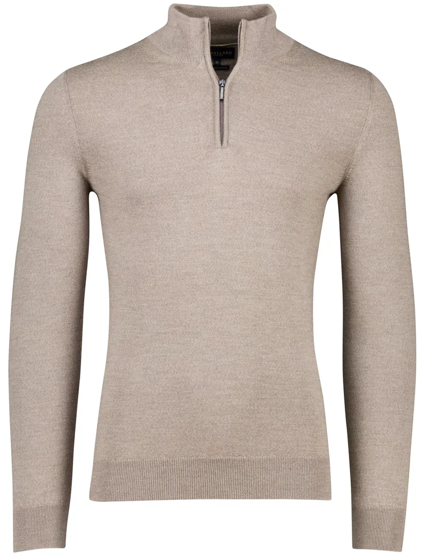 Cavallaro trui effen beige merinowol half zip