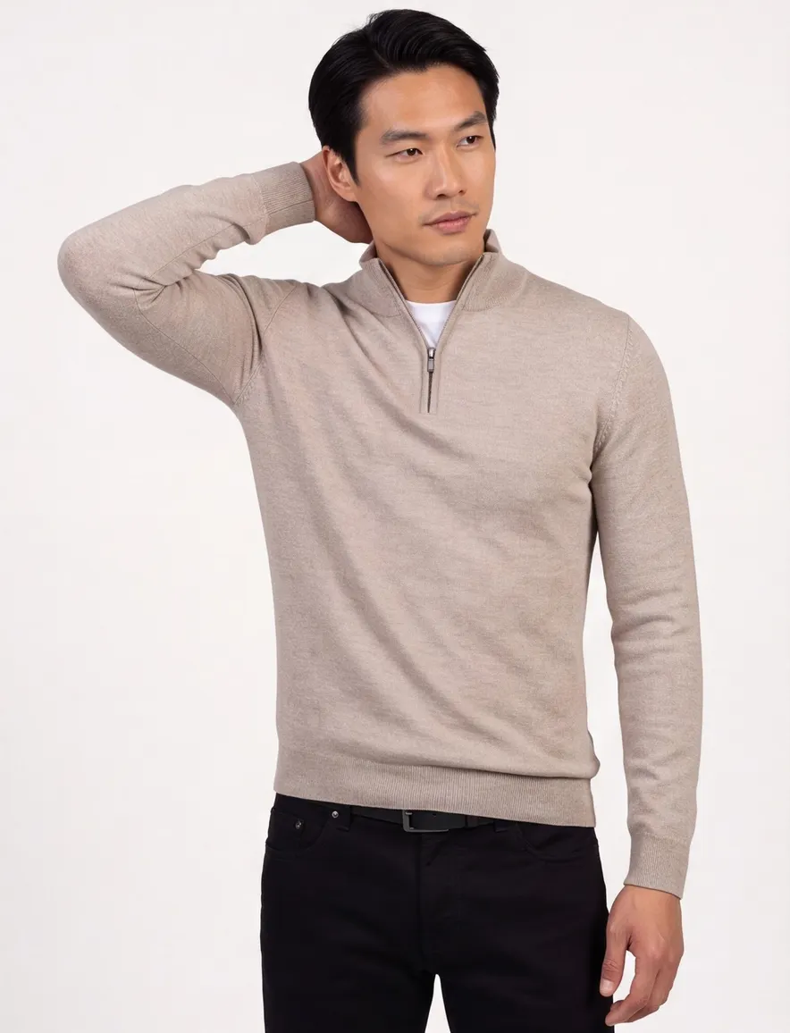 Cavallaro trui beige effen half zip merinowol