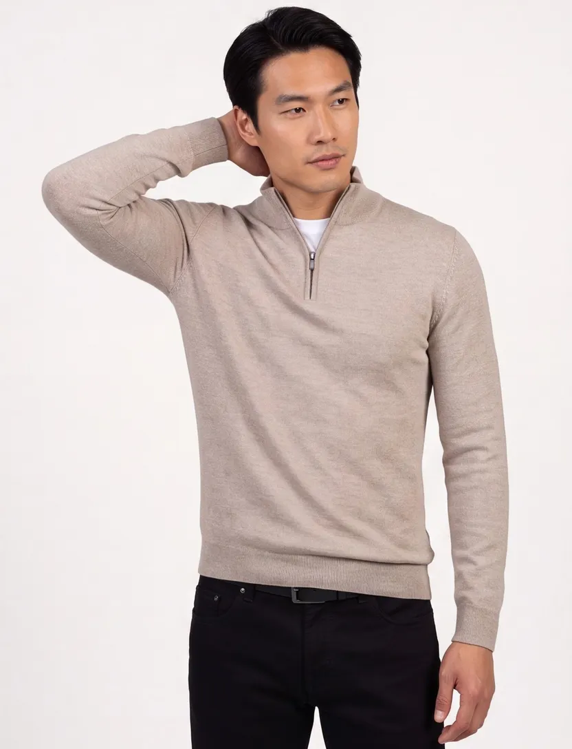 Cavallaro trui effen beige merinowol half zip