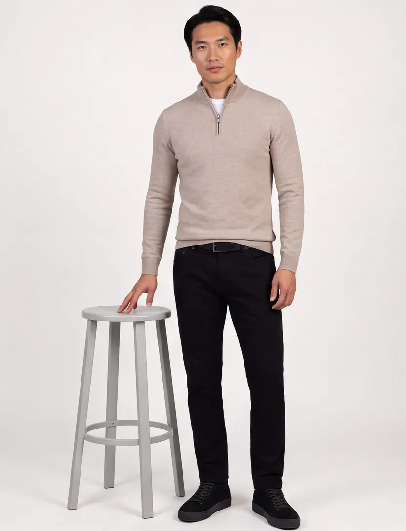 Cavallaro trui effen beige merinowol half zip